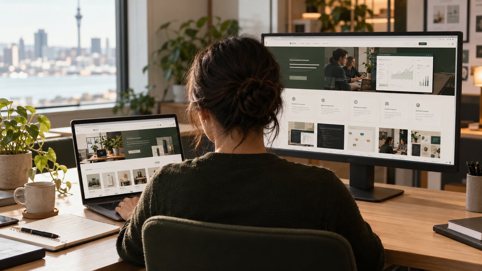 Reviewing a website design on a monitor and laptop in an Auckland office