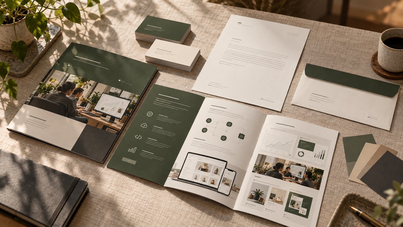 Printed company brochures, stationery and colour cards on a linen table