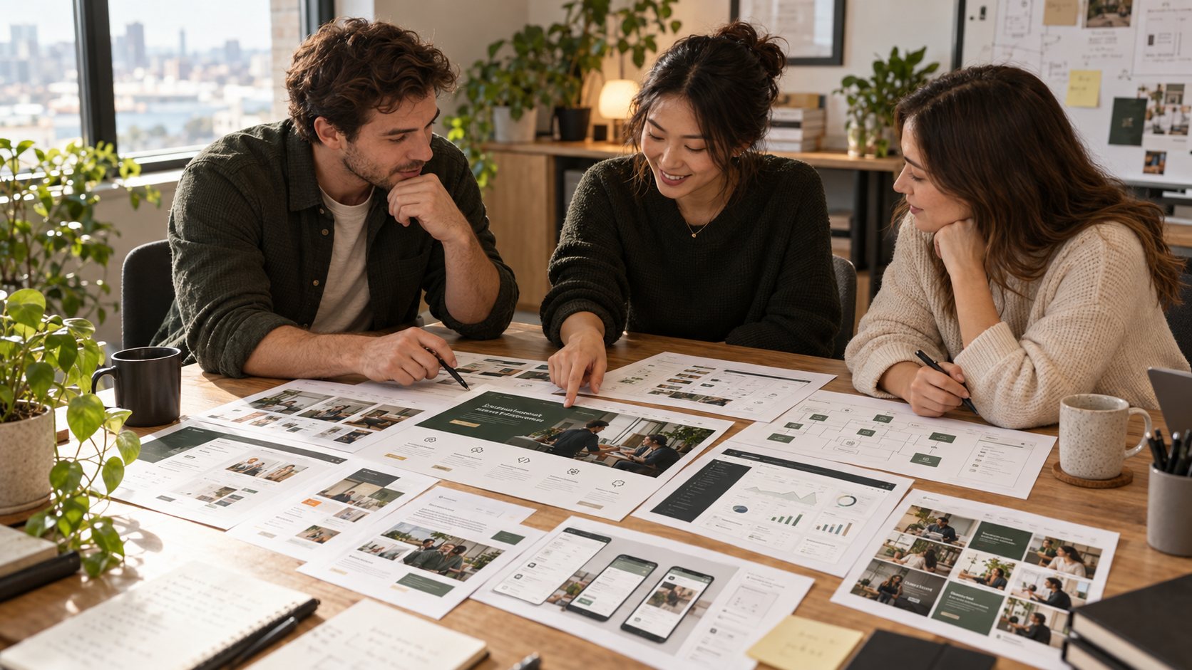 Three people reviewing printed website and app layouts together
