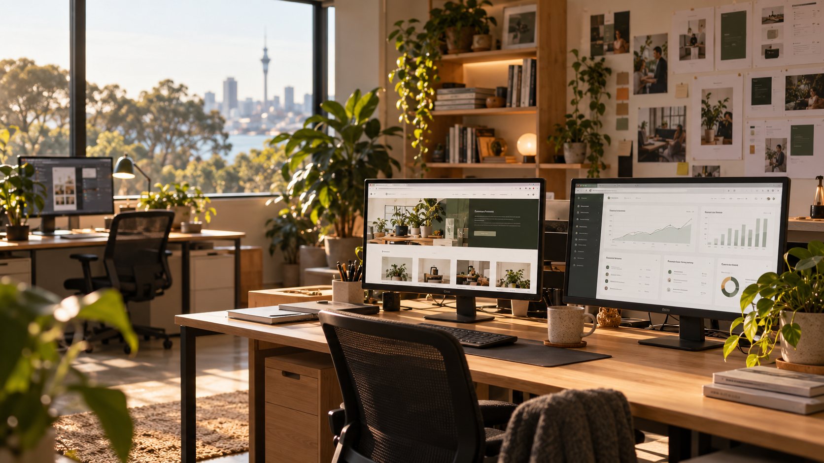 An office with monitors showing a website and a business dashboard